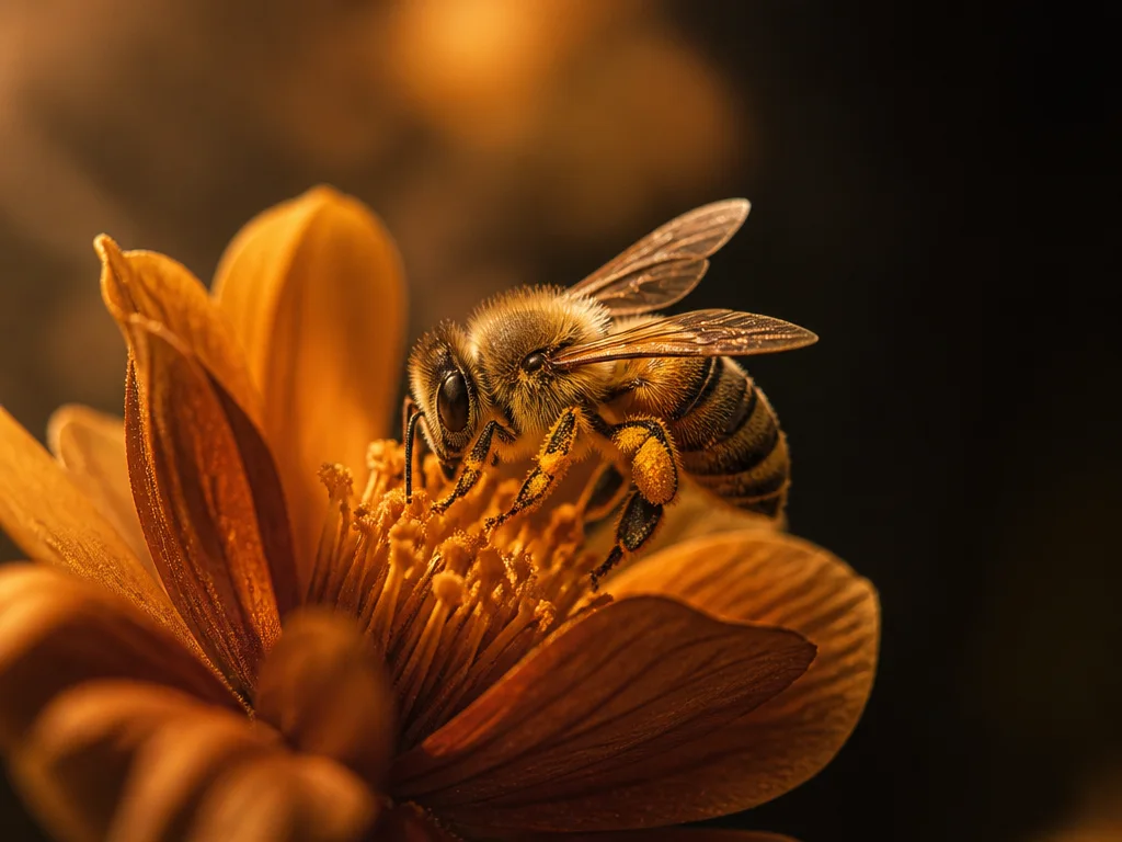 Goldene Biene auf einer orangefarbenen Blüte